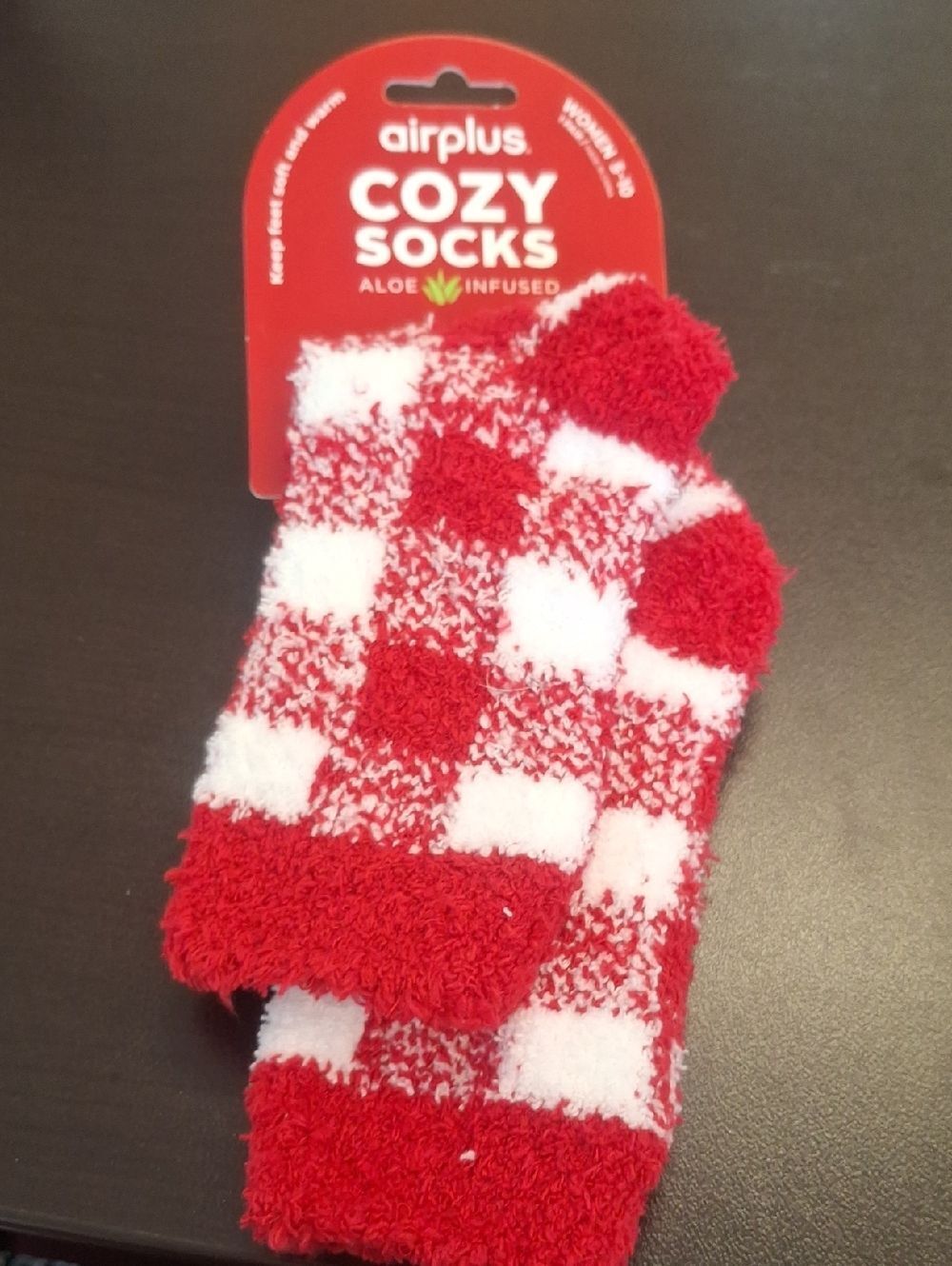 airplus Cozy Socks - Red & White Checkered Fuzzy Booties - New
